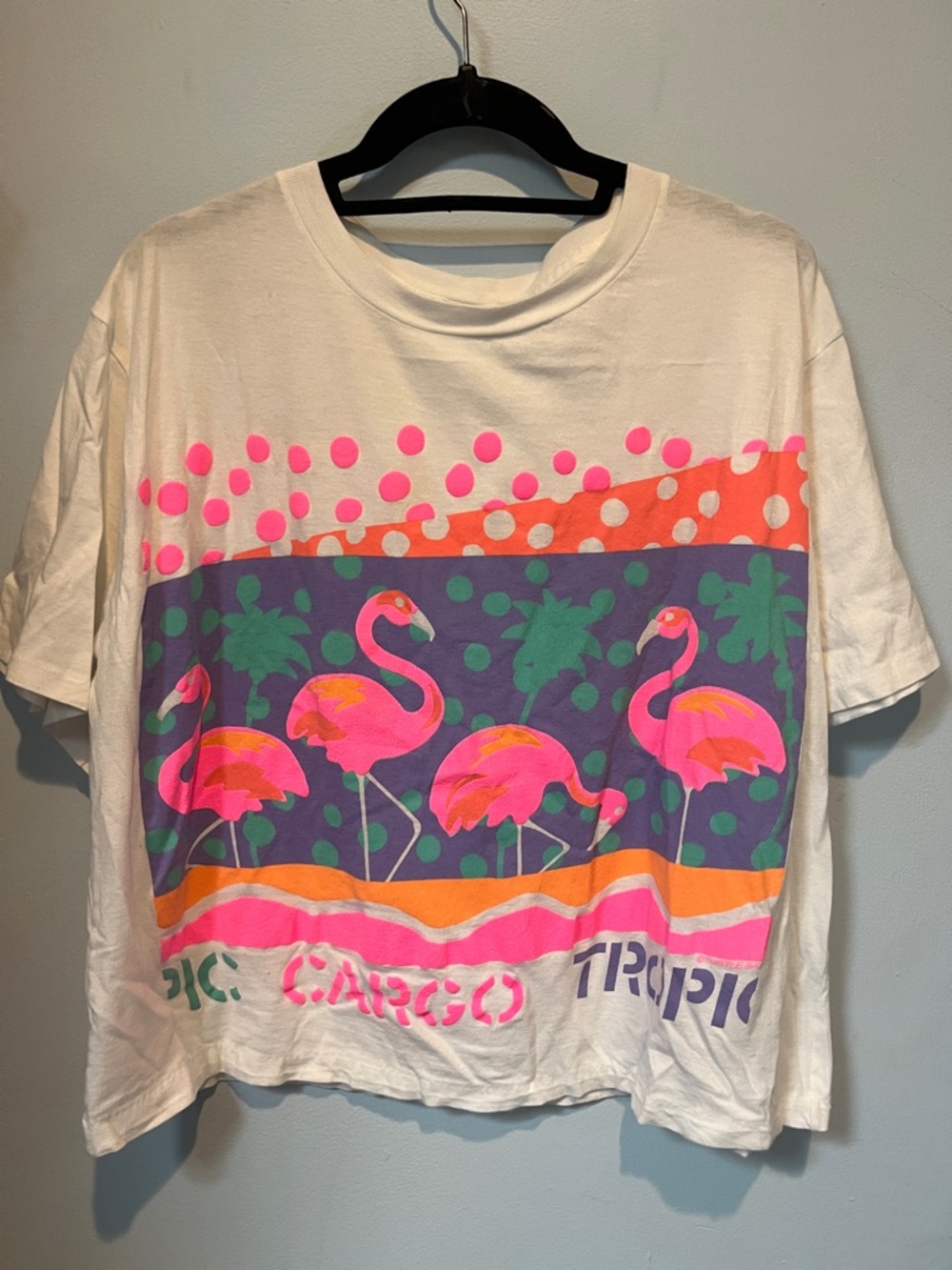 Vintage Tropical Flamingo Graphic Tee in White & Neon Pink | OS